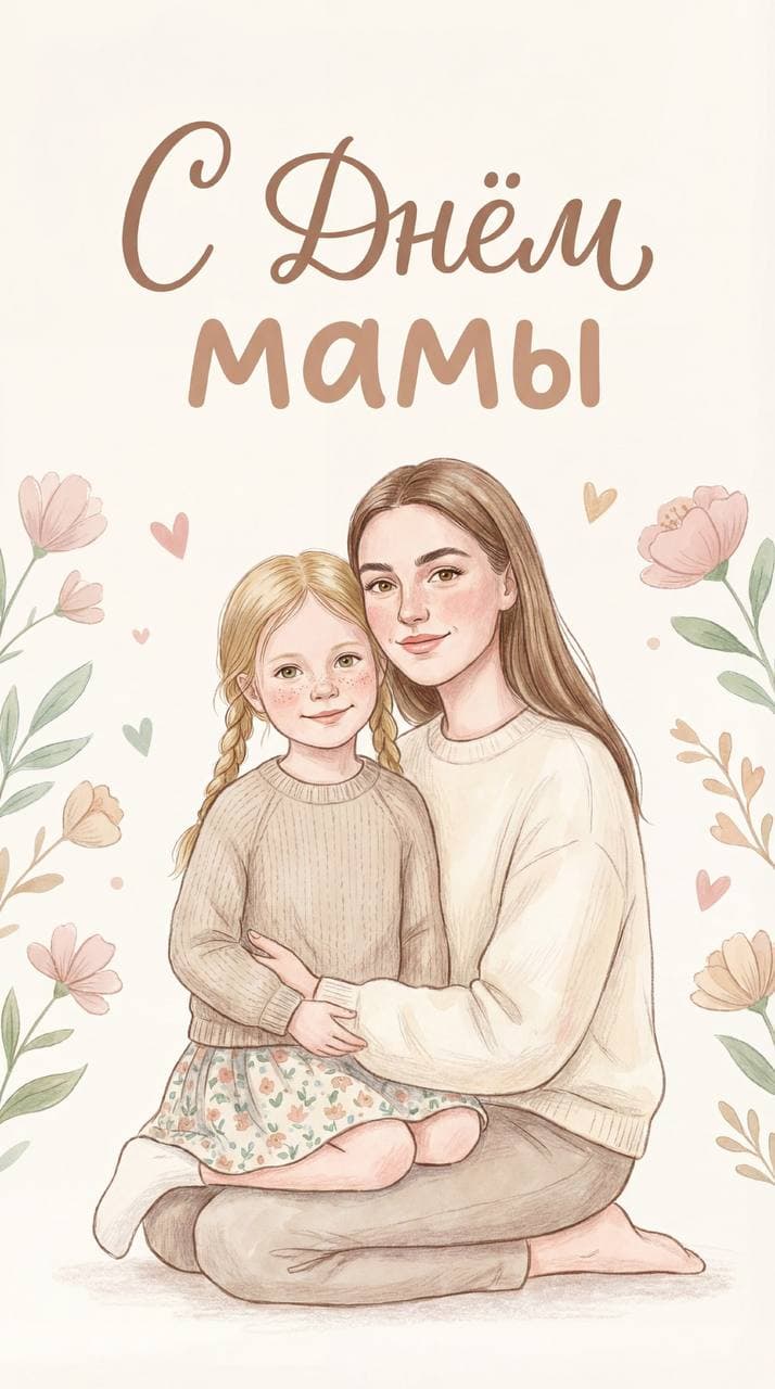 Нежная иллюстрация мамы и дочери с надписью «С Днём мамы»