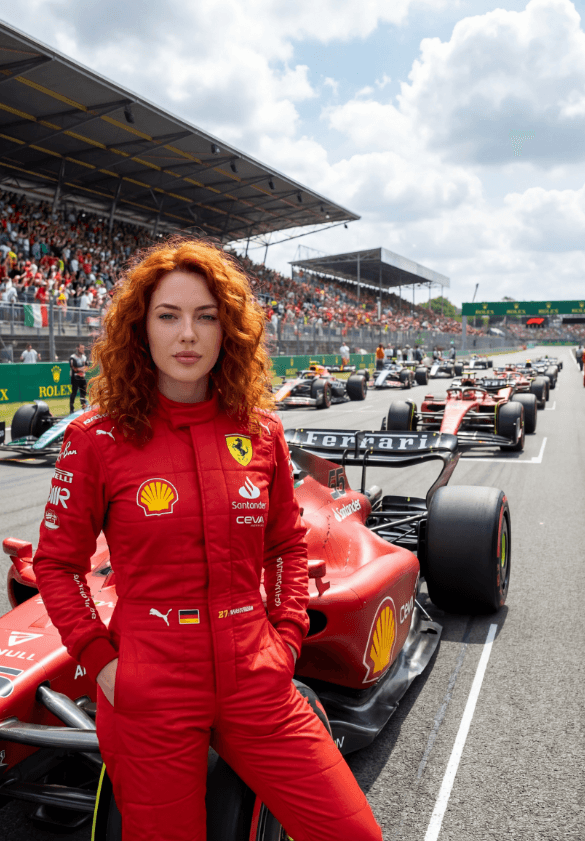 Рыжеволосая женщина в комбинезоне Ferrari рядом с болидом на стартовой решетке